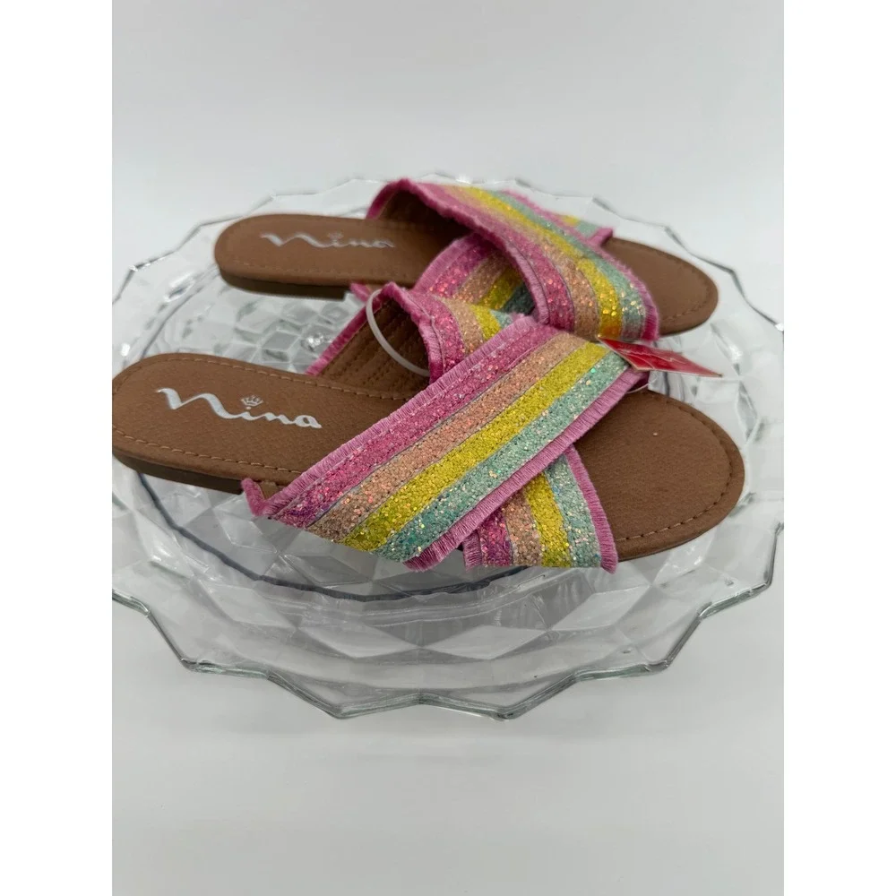 Nina Kids Rainbow Glitter Fringe Slide Sandals Pink Multi K200265 Size 4M NEW